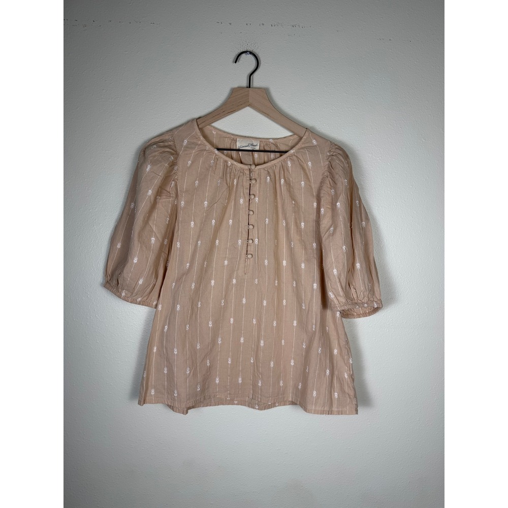 Universal Thread Shabby Chic Prairie Blouse Womens M Tan Puff Sleeve Henley Boho